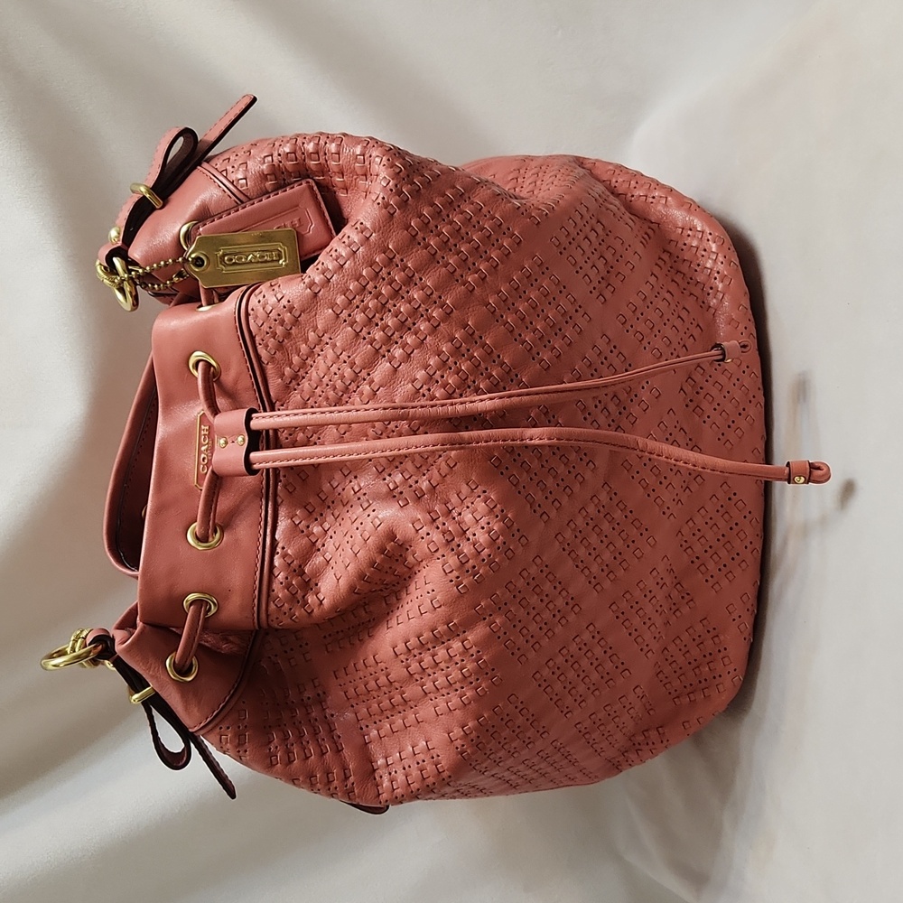 Coach Madison Marielle Pink Woven Leather Drawstring Slouch  Bucket Bag - Picture 3 of 15